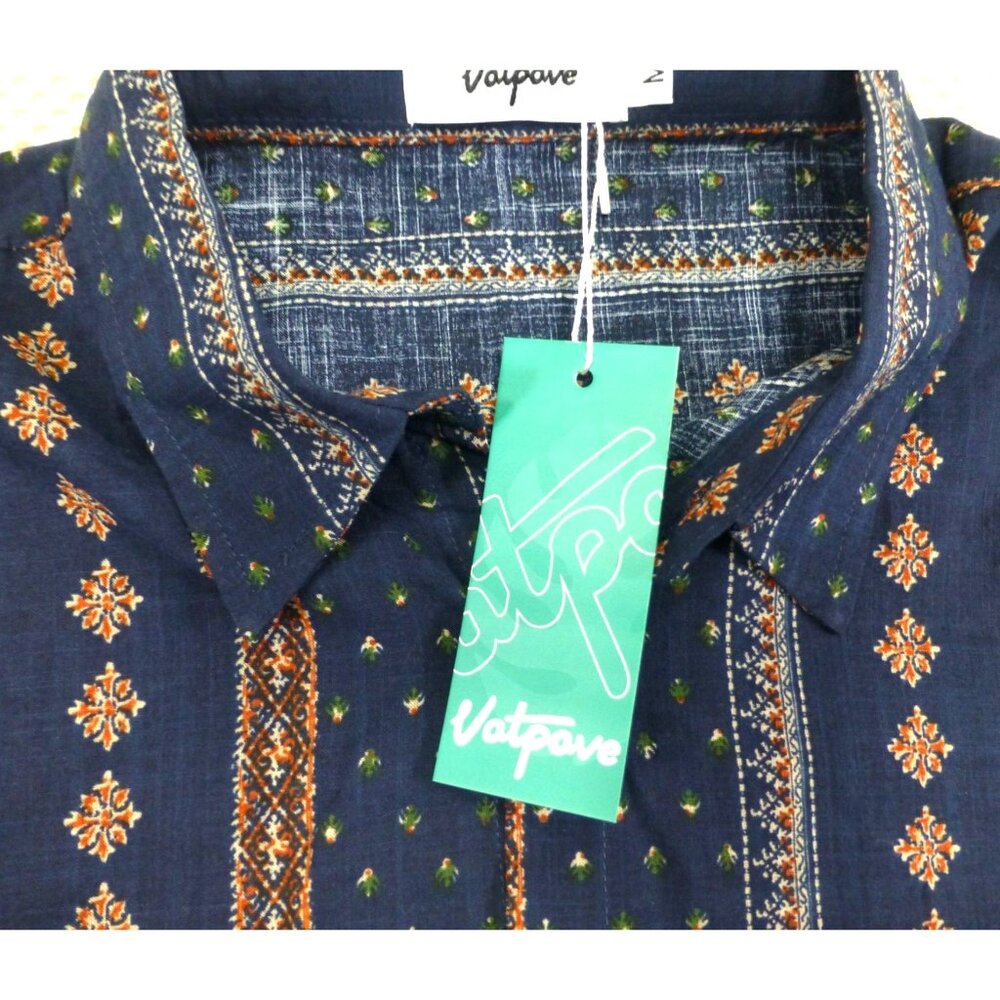 Vatpave Mens Short-Sleeve Button-Up Shirt With Geometric Pattern In Navy & Orang